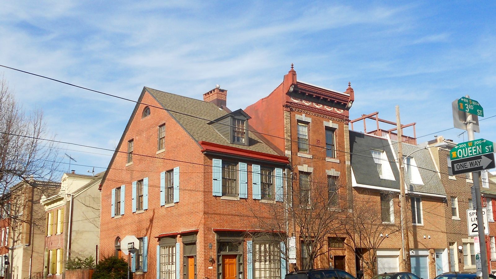 Brick rowhouses at 3rd and Queen Street in Queen Village, Philadelphia, near the Gator I Properties office